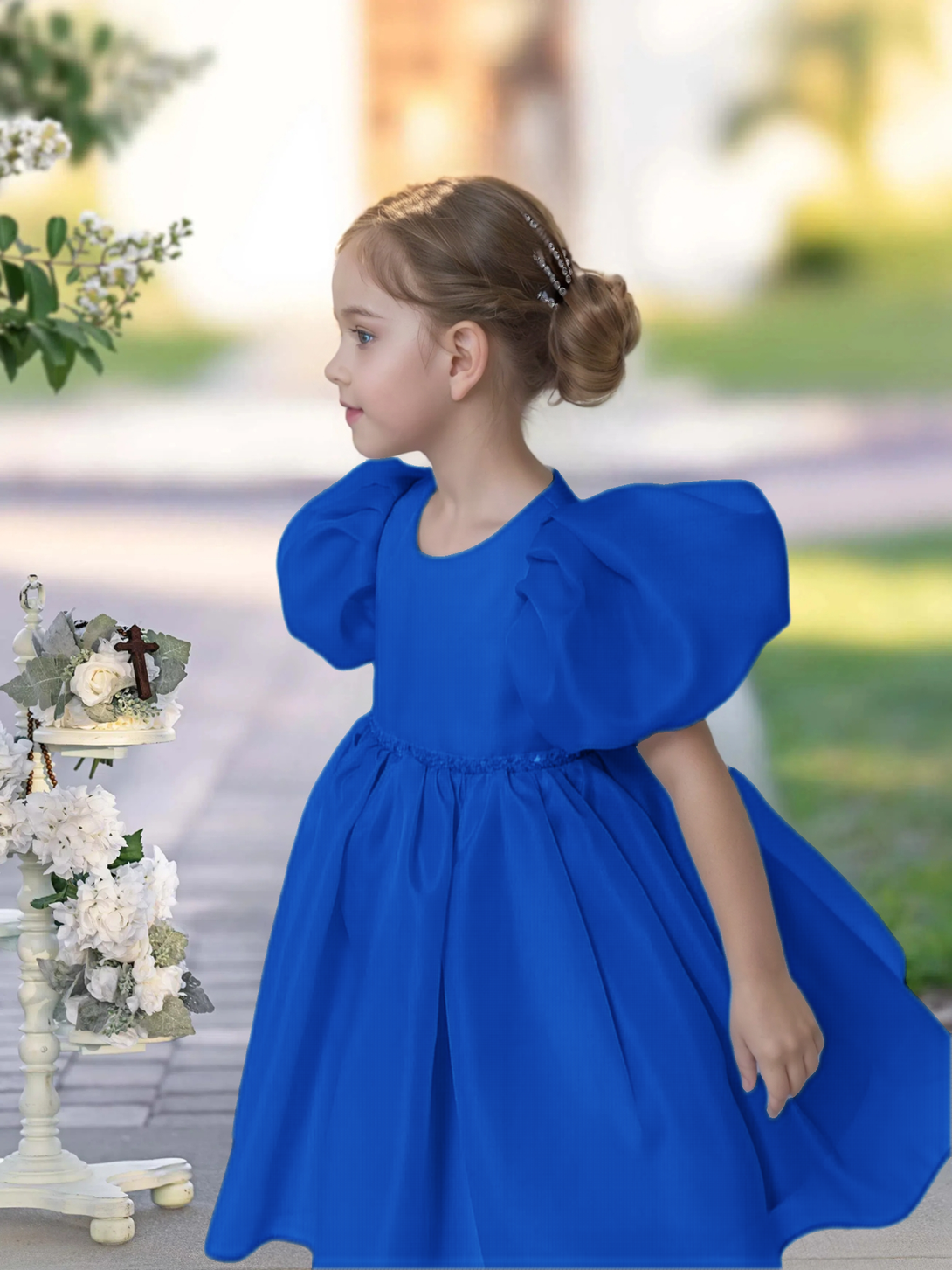 A-line Scoop Knee-Length TuTu Dress Sky Blue Organza Flower Girl Dress With Belt Beading Gidiondress