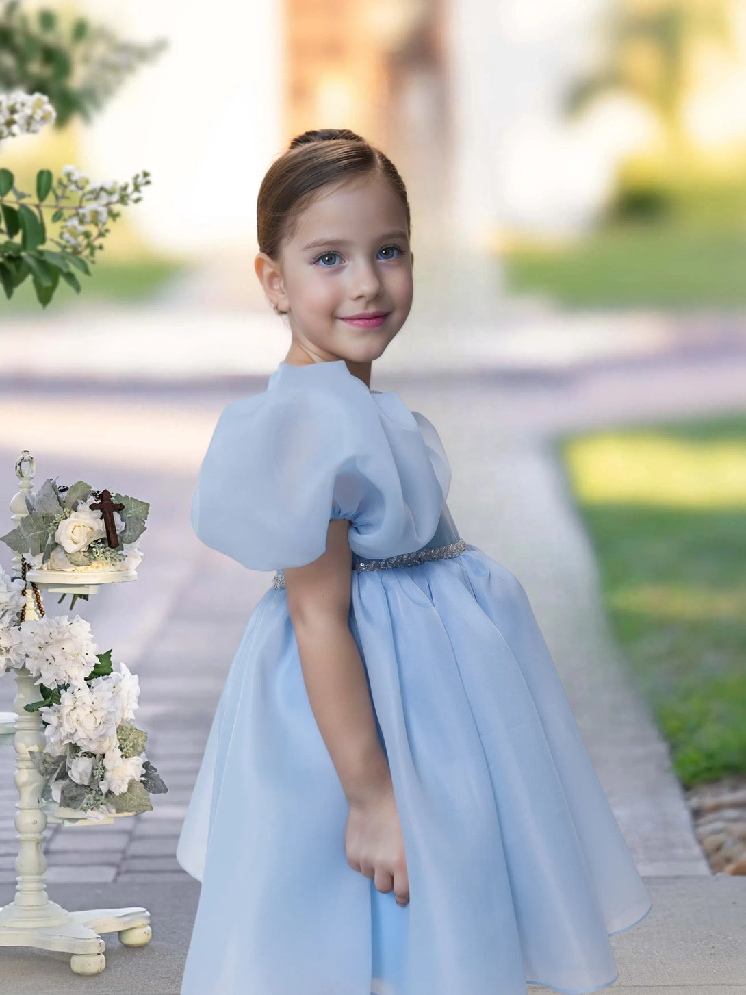 A-line Scoop Knee-Length TuTu Dress Sky Blue Organza Flower Girl Dress With Belt Beading Gidiondress