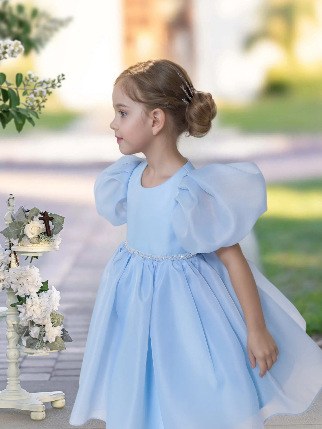 A-line Scoop Knee-Length TuTu Dress Sky Blue Organza Flower Girl Dress With Belt Beading Gidiondress