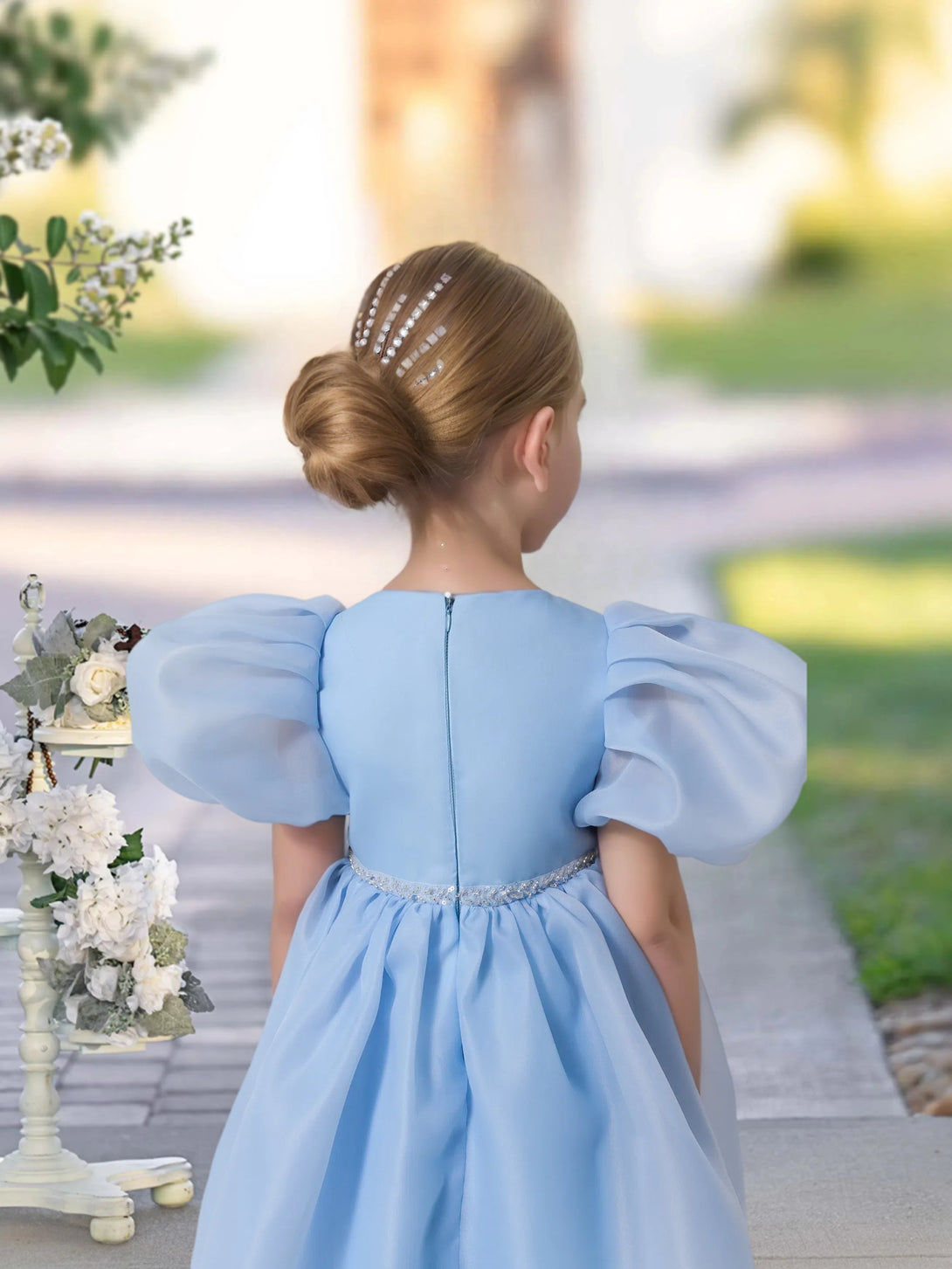 A-line Scoop Knee-Length TuTu Dress Sky Blue Organza Flower Girl Dress With Belt Beading Gidiondress