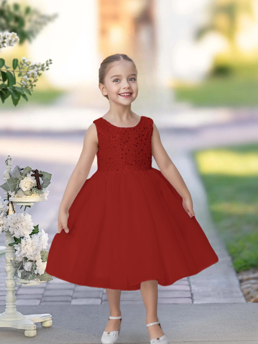 Knee Length Red Sequins Lace Girl Princess Dress Short Flower Girl Dress for Wedding Gidiondress