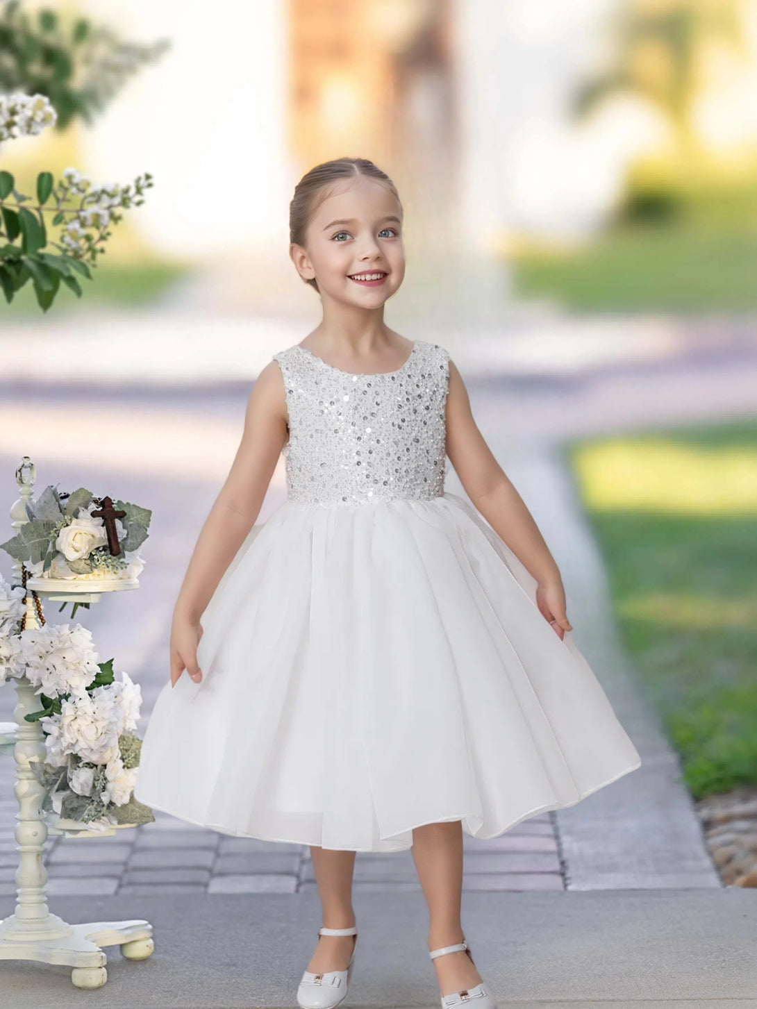 Knee Length Dusty Rose Sequins Lace Girl Princess Dress Short Flower Girl Dress for Wedding Gidiondress