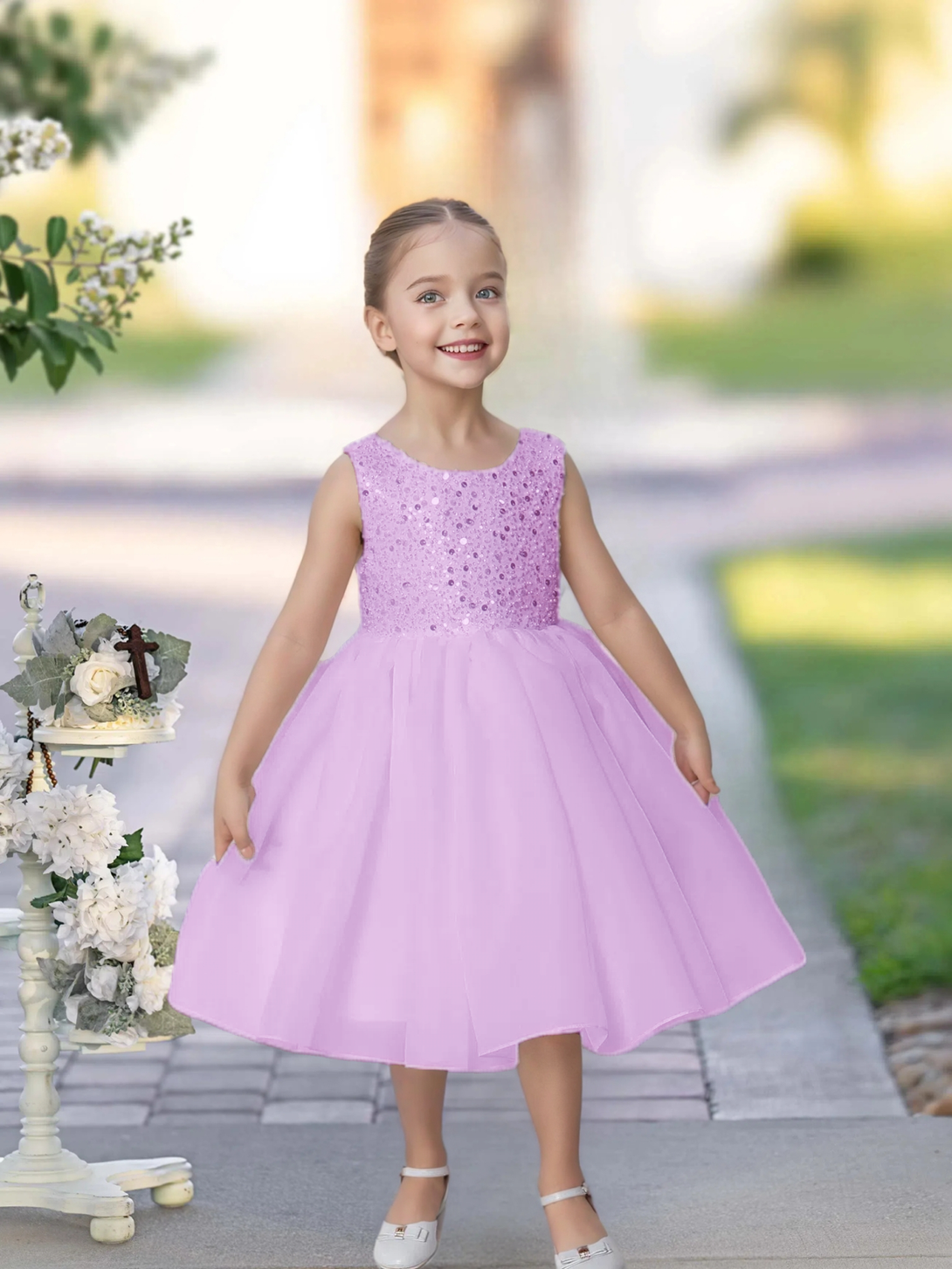 Knee Length Red Sequins Lace Girl Princess Dress Short Flower Girl Dress for Wedding Gidiondress Lilac 12M