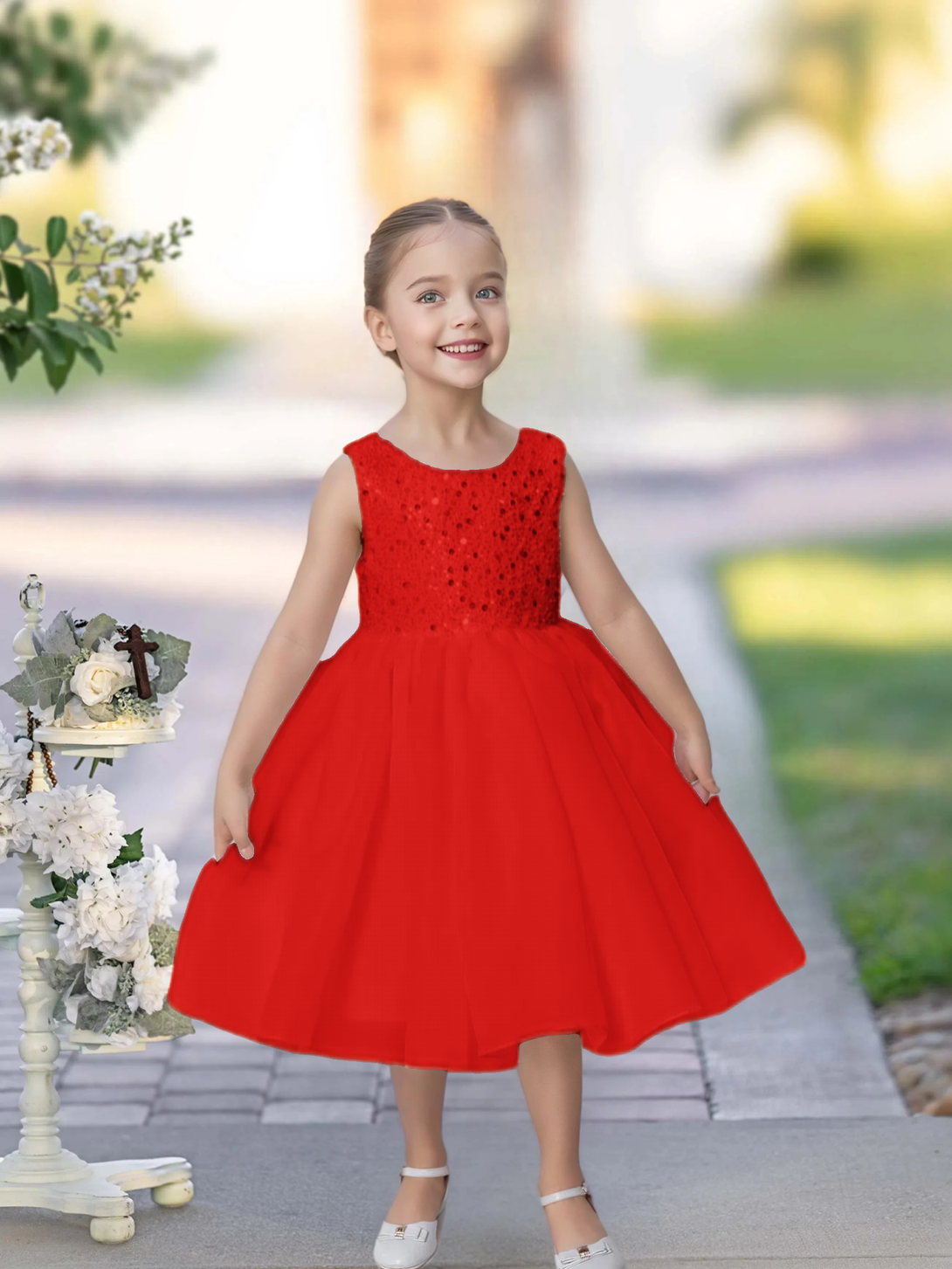 Knee Length Red Sequins Lace Girl Princess Dress Short Flower Girl Dress for Wedding Gidiondress